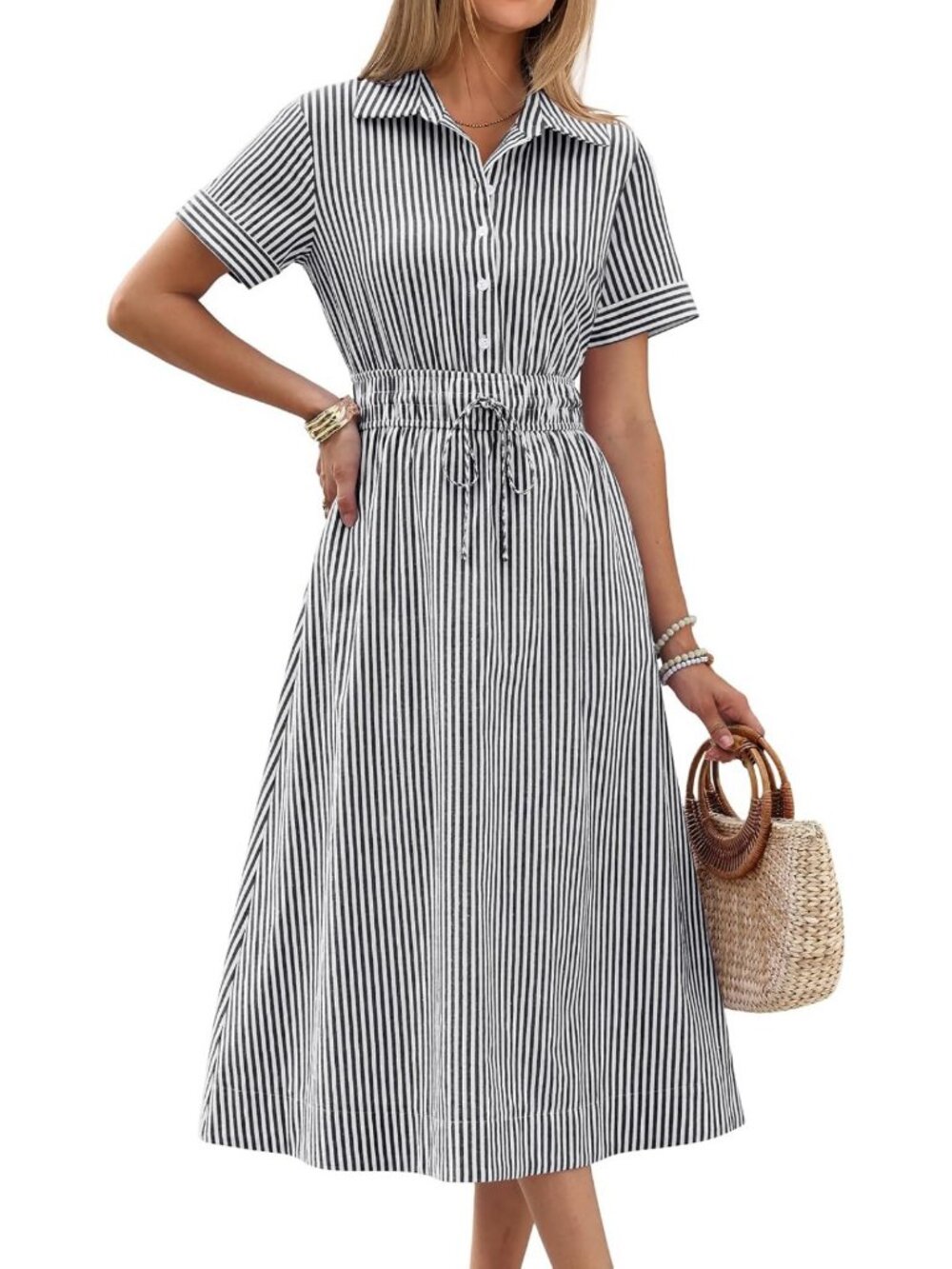 Summer Midi Dress for Women - Striped & Gingham A-Line Button Collar Casual